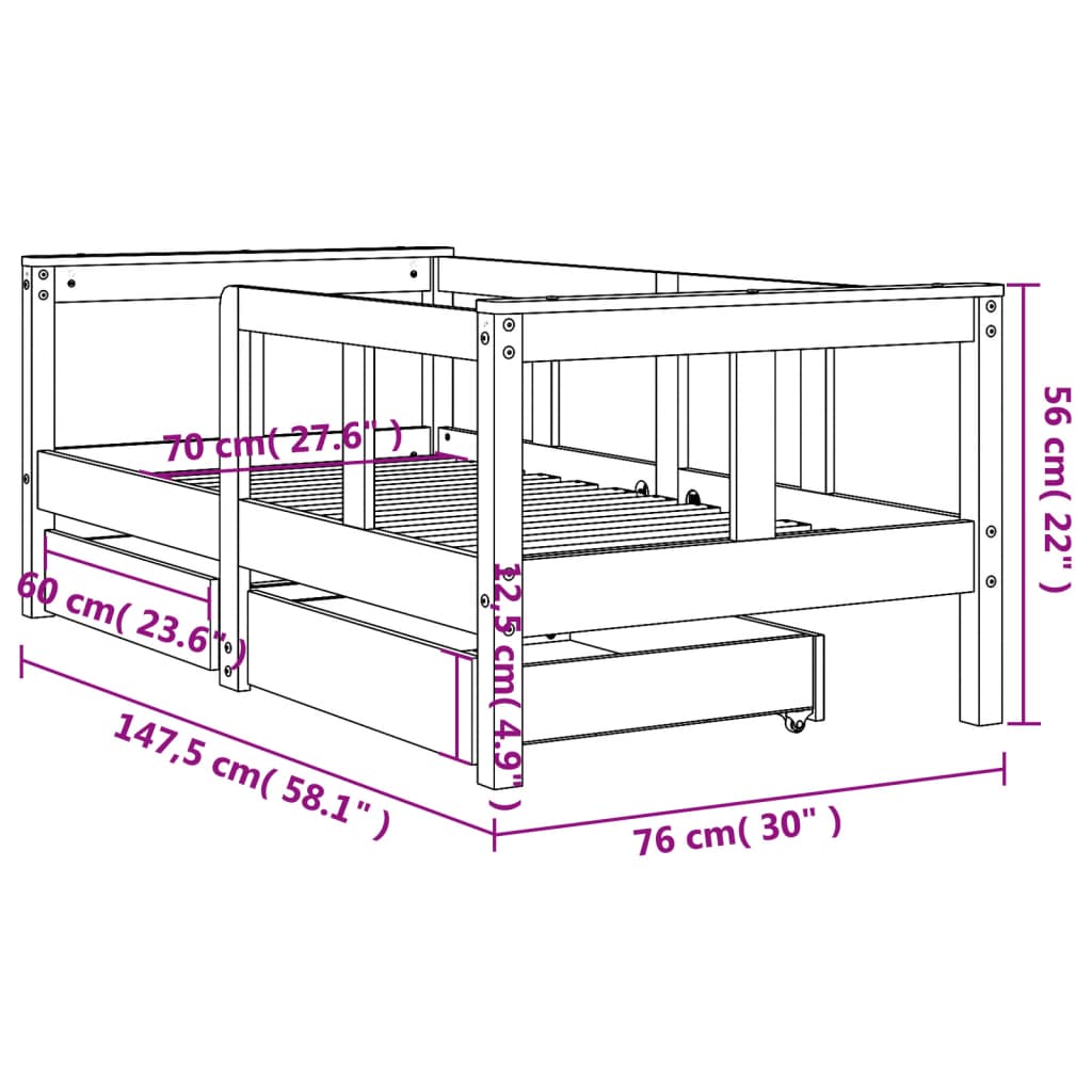White Solid Pine Kids Bed Frame with Drawers, 70x140 cm