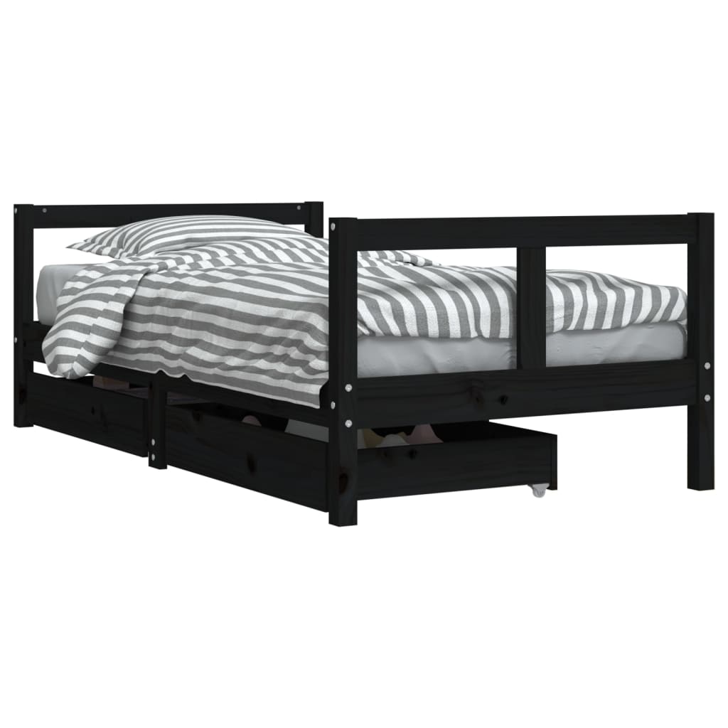 Black Solid Pine Kids Bed Frame with Drawers 80x160 cm