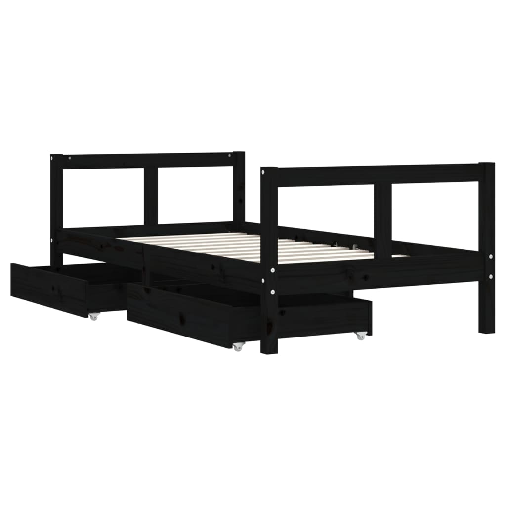Black Solid Pine Kids Bed Frame with Drawers 80x160 cm