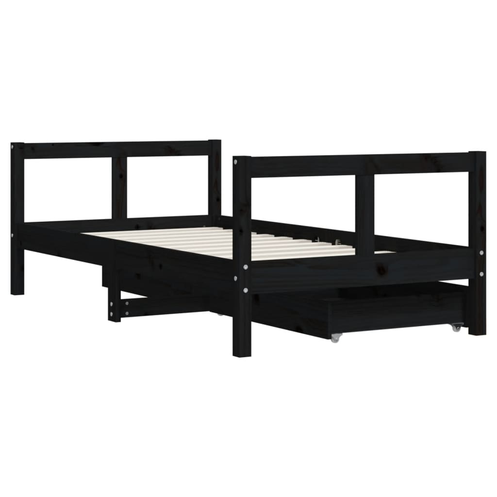 Black Solid Pine Kids Bed Frame with Drawers 80x160 cm