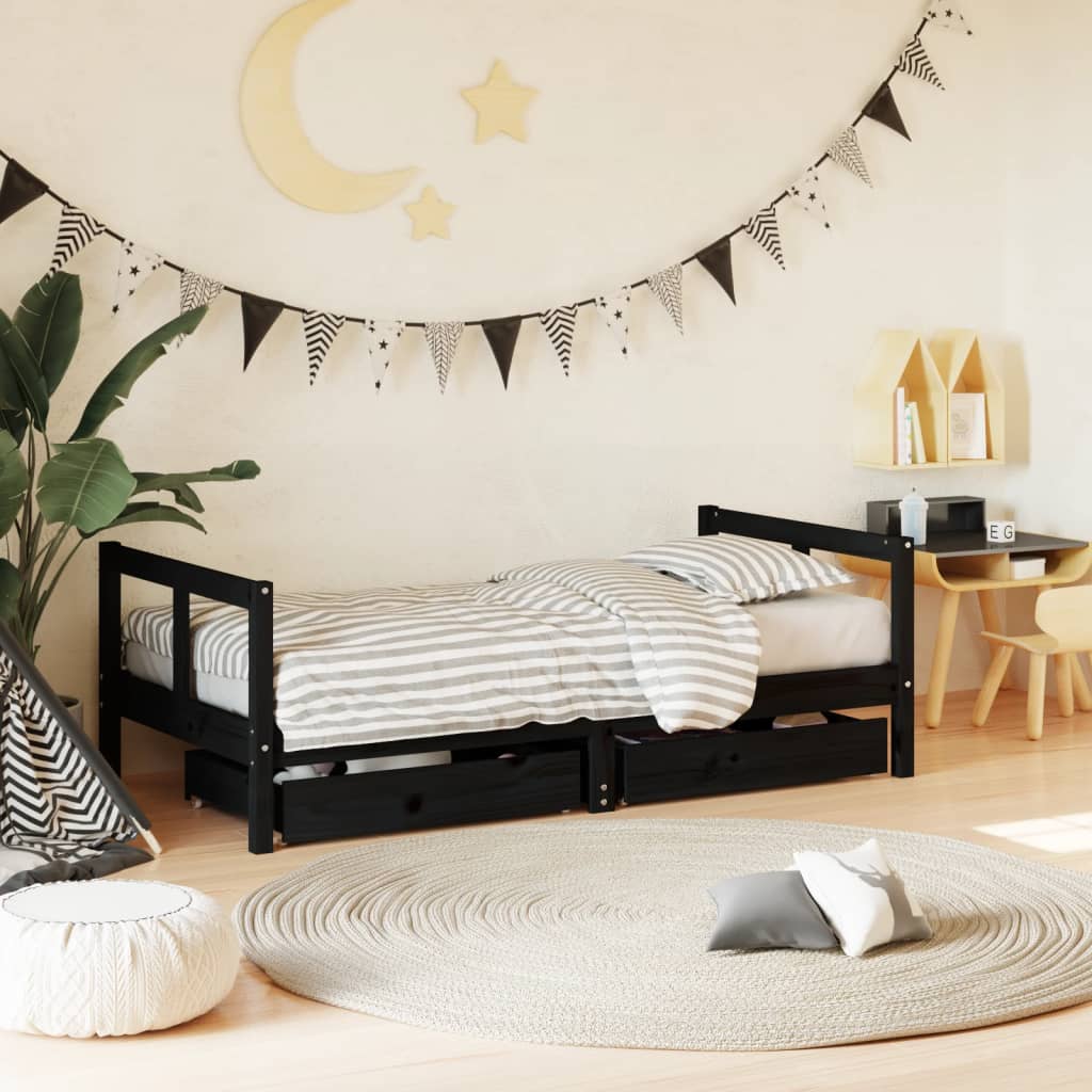 Black Solid Pine Kids Bed Frame with Drawers 80x160 cm
