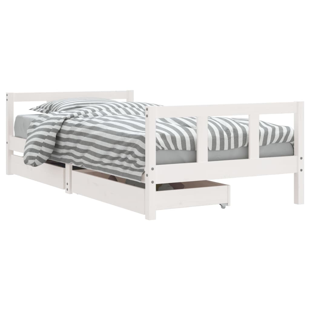 White Solid Pine Kids Bed Frame with Drawers, 90x190 cm