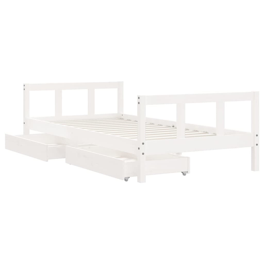 White Solid Pine Kids Bed Frame with Drawers, 90x190 cm