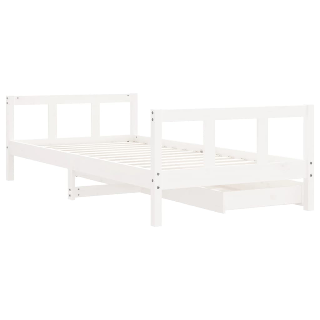 White Solid Pine Kids Bed Frame with Drawers, 90x190 cm