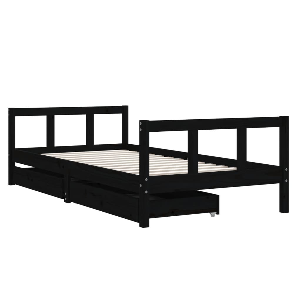 Black Pine Kids Bed Frame with Drawers - 90x190 cm Solid Wood