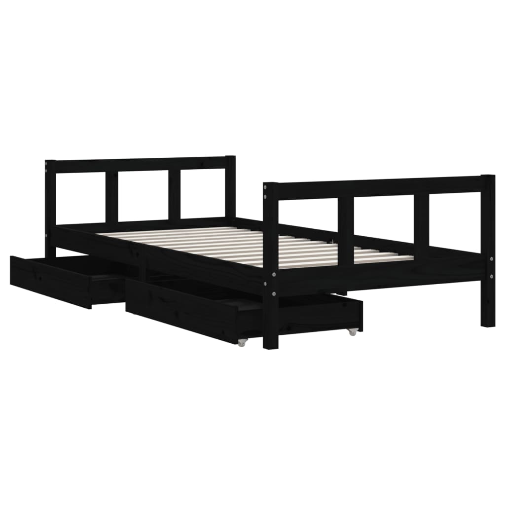 Black Pine Kids Bed Frame with Drawers - 90x190 cm Solid Wood