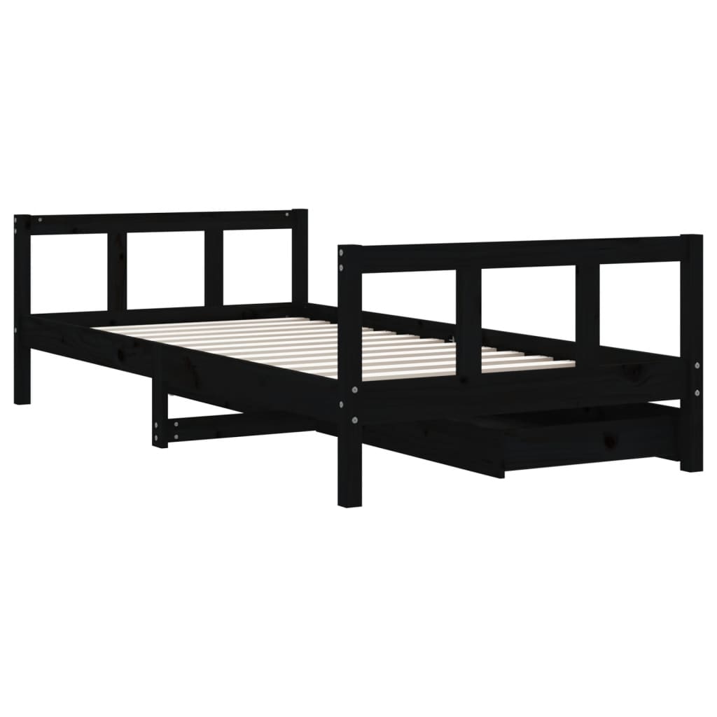 Black Pine Kids Bed Frame with Drawers - 90x190 cm Solid Wood