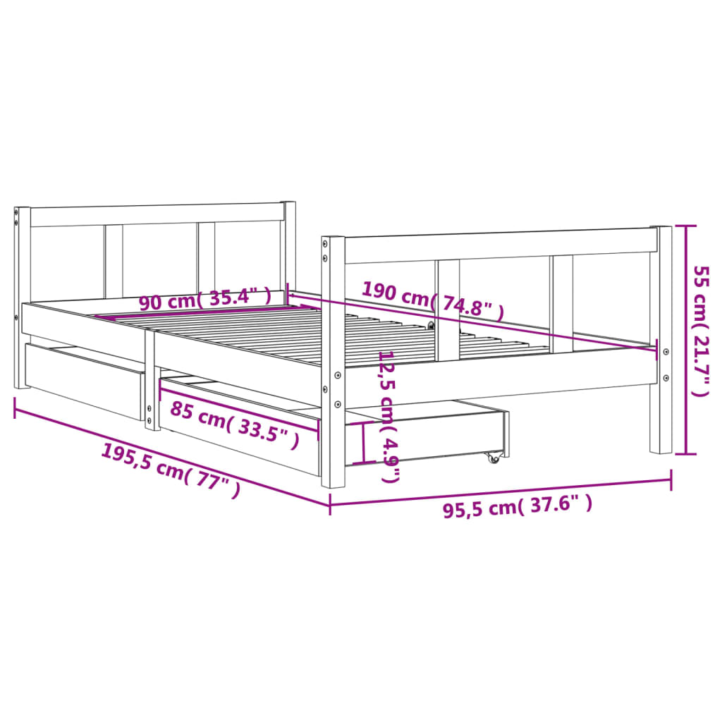 Black Pine Kids Bed Frame with Drawers - 90x190 cm Solid Wood