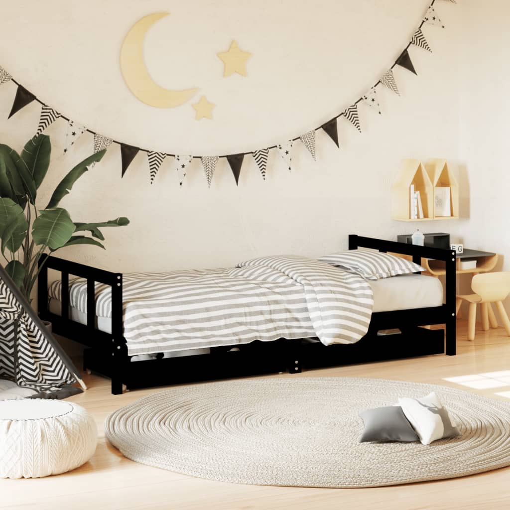 Black Pine Kids Bed Frame with Drawers - 90x190 cm Solid Wood