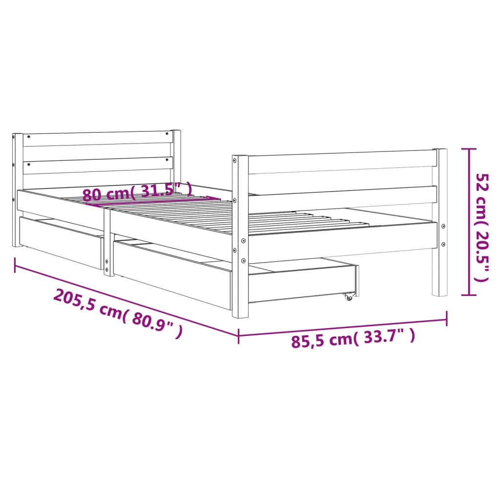 White Solid Pine Kids Bed Frame with Drawers 80x200 cm