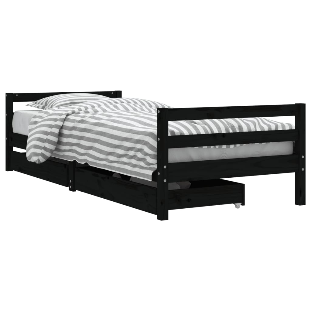 Solid Pine Black Kids Bed Frame with Drawers 90x200 cm