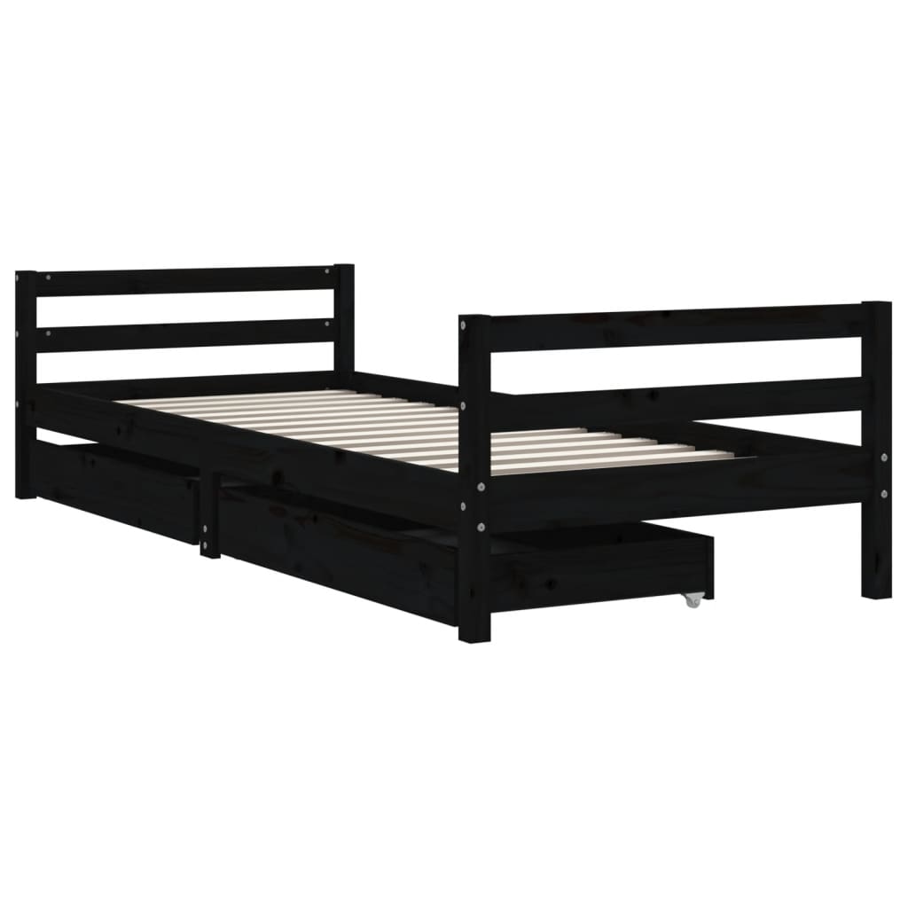 Solid Pine Black Kids Bed Frame with Drawers 90x200 cm