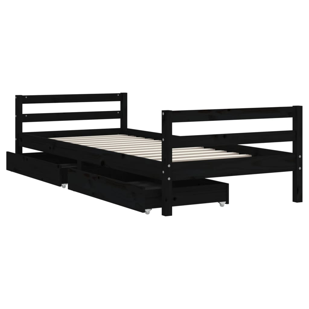 Solid Pine Black Kids Bed Frame with Drawers 90x200 cm