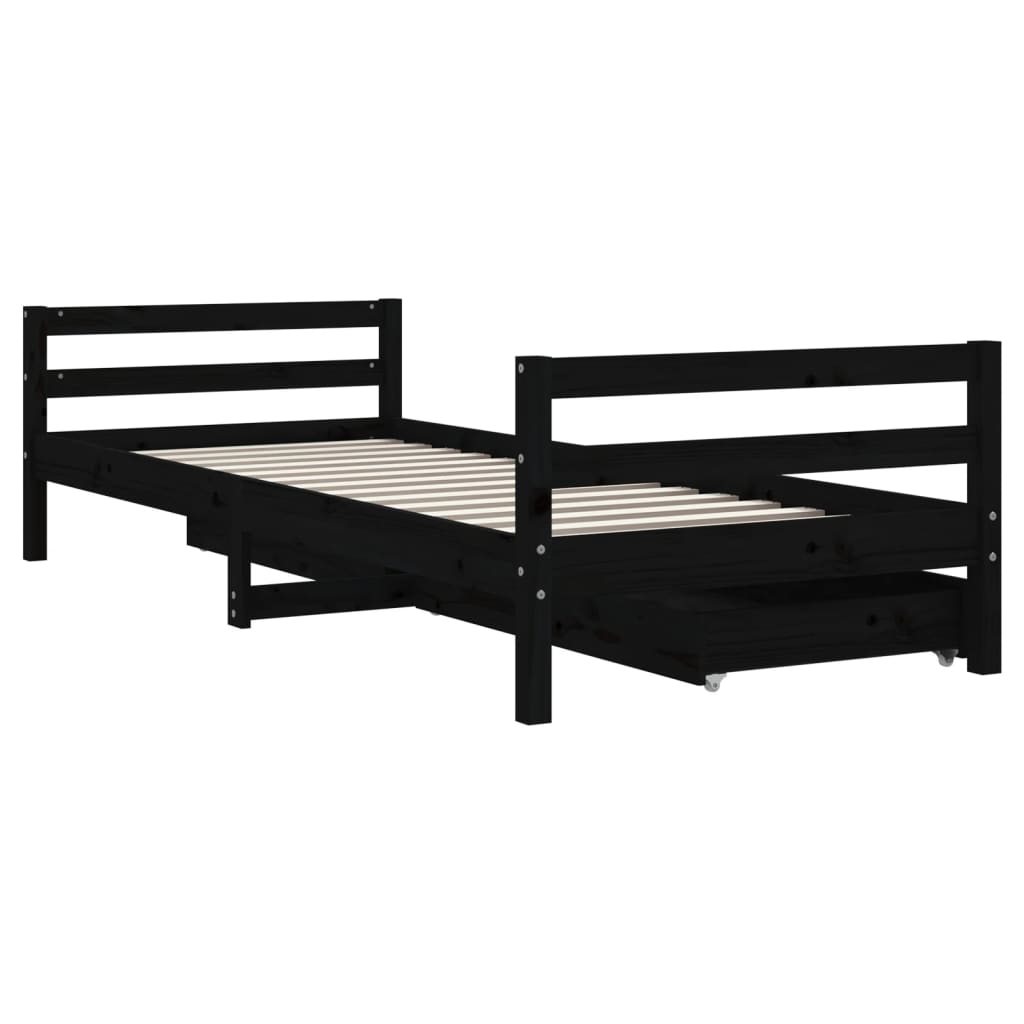 Solid Pine Black Kids Bed Frame with Drawers 90x200 cm
