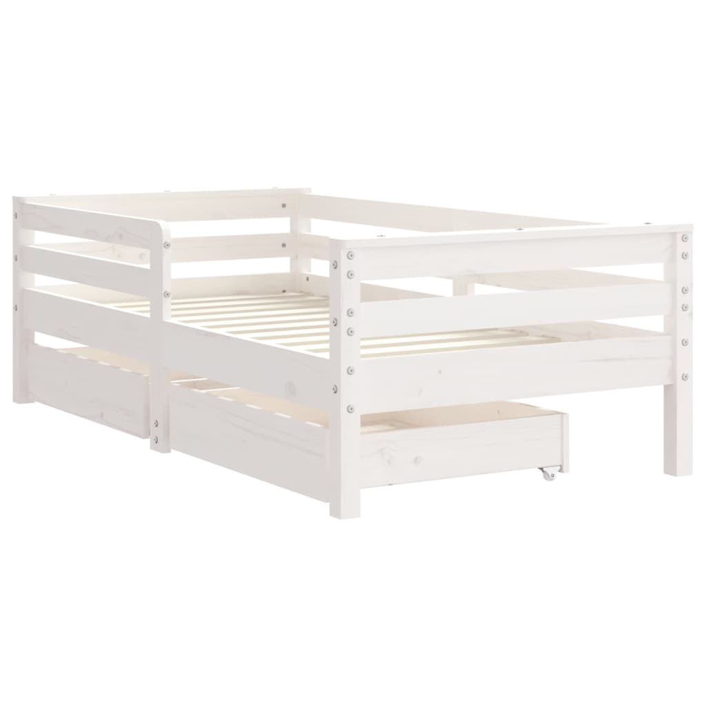 White Solid Pine Kids Bed Frame with Drawers, 70x140 cm
