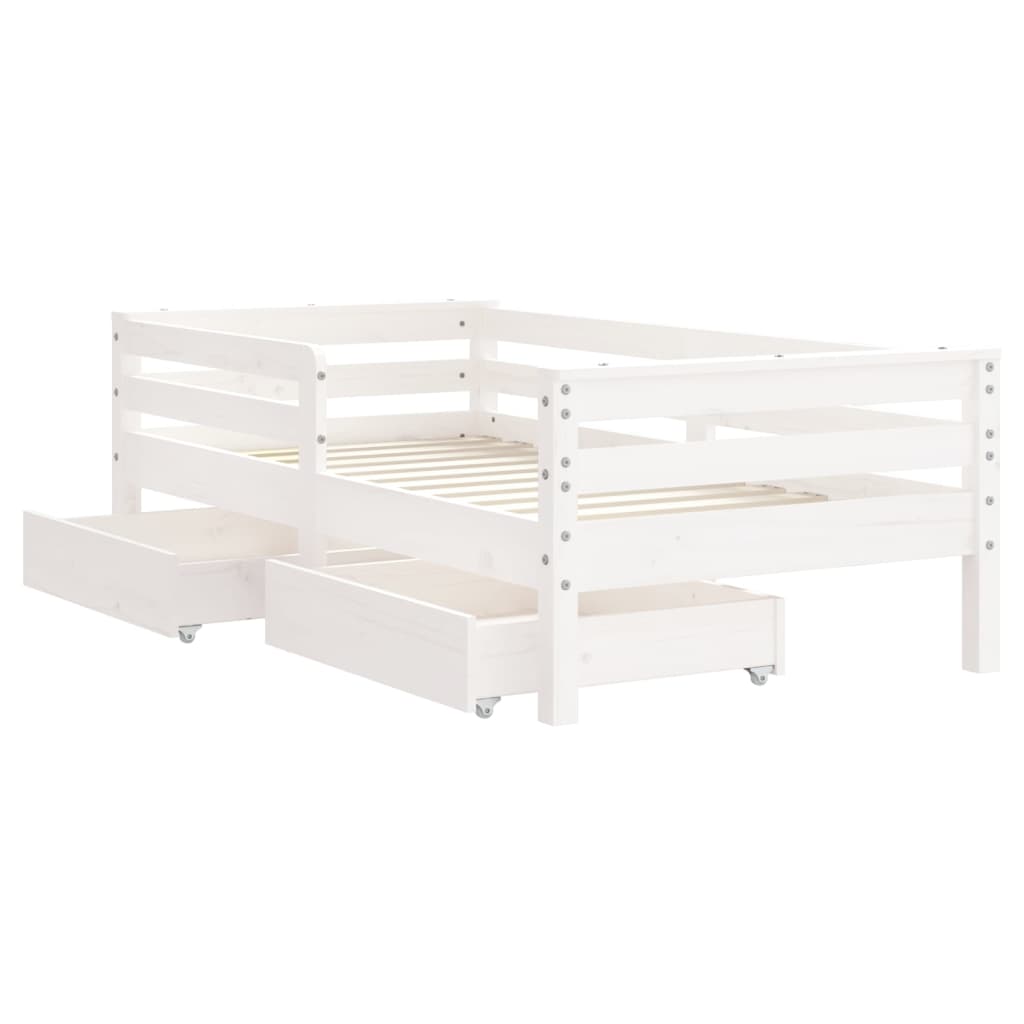 White Solid Pine Kids Bed Frame with Drawers, 70x140 cm