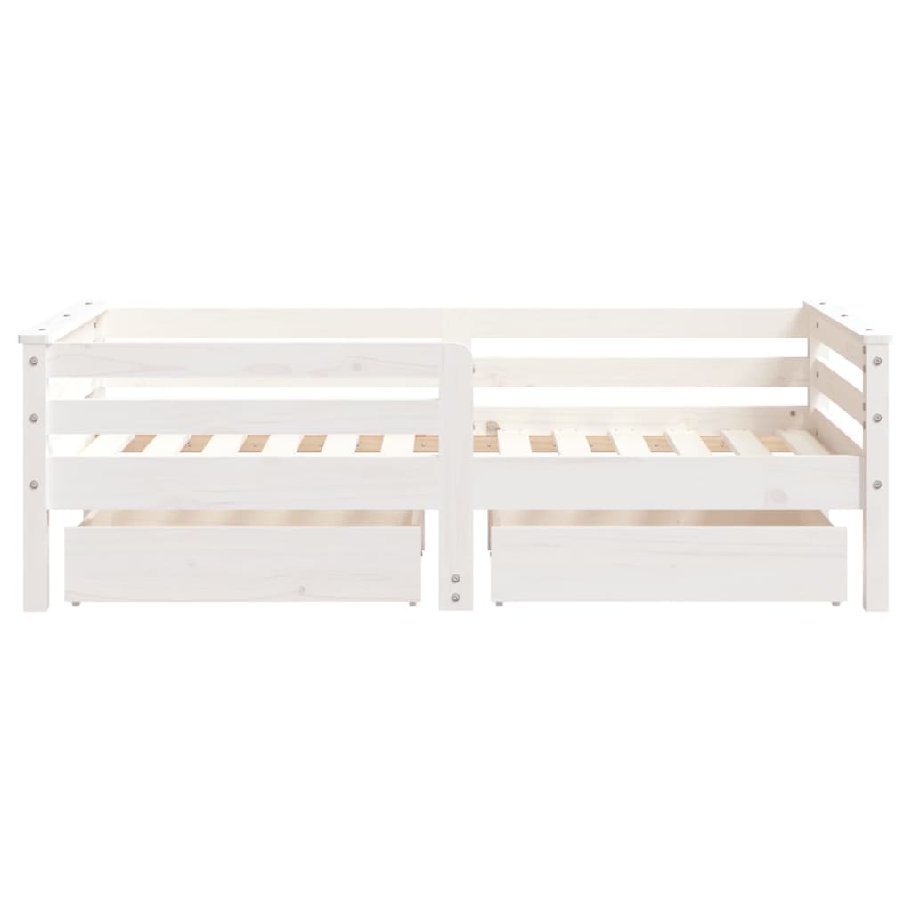 White Solid Pine Kids Bed Frame with Drawers, 70x140 cm