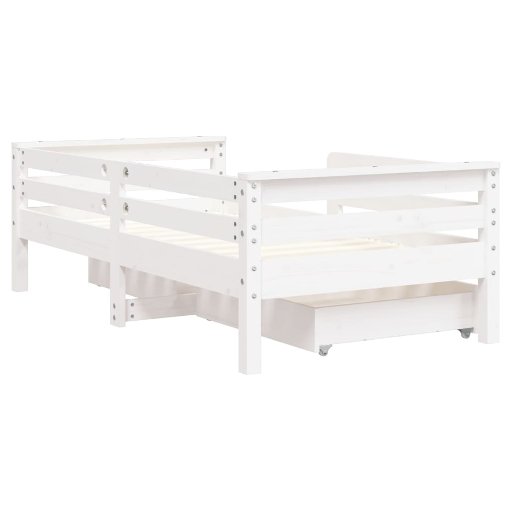 White Solid Pine Kids Bed Frame with Drawers, 70x140 cm