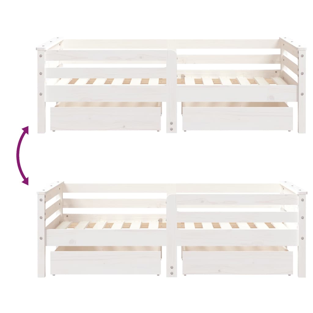 White Solid Pine Kids Bed Frame with Drawers, 70x140 cm