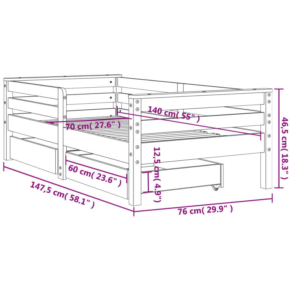 White Solid Pine Kids Bed Frame with Drawers, 70x140 cm