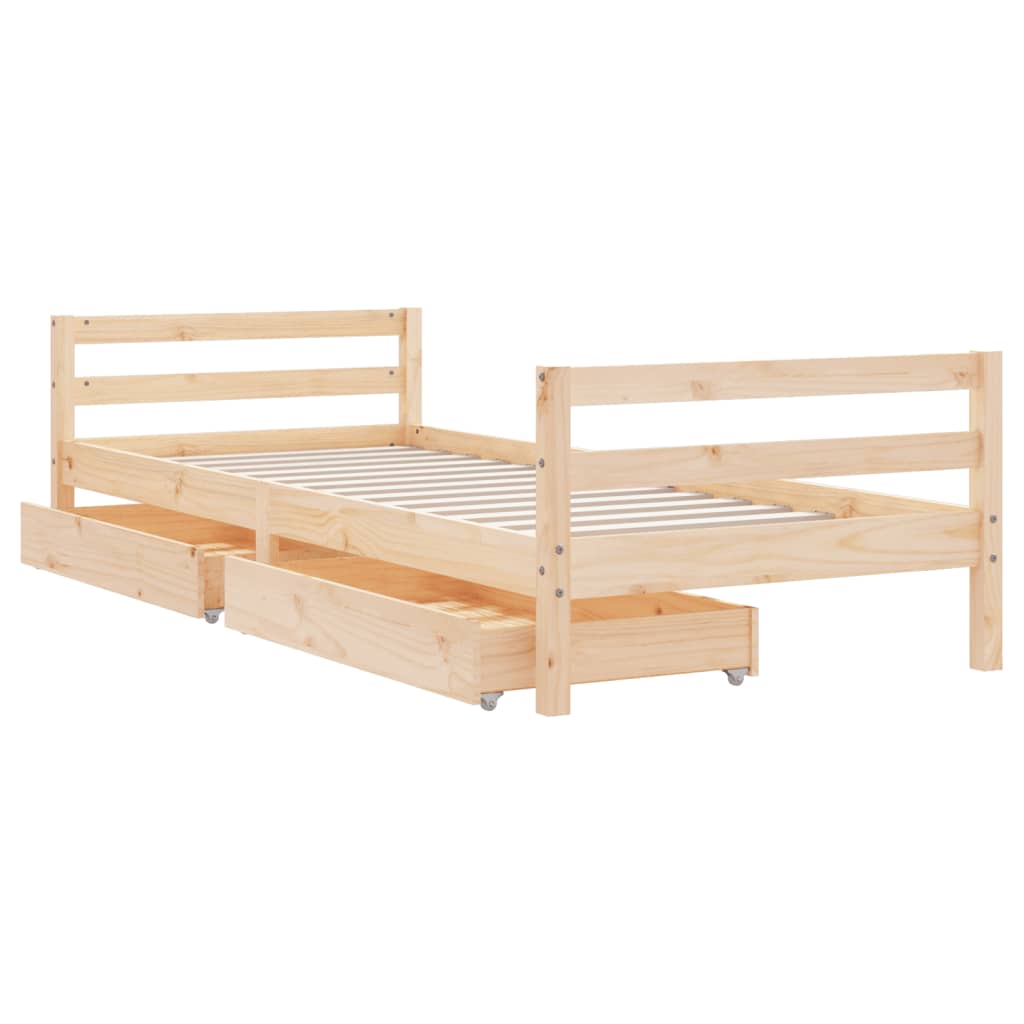 Solid Pine Kids Bed Frame with Drawers 90x190 cm - Natural Wood
