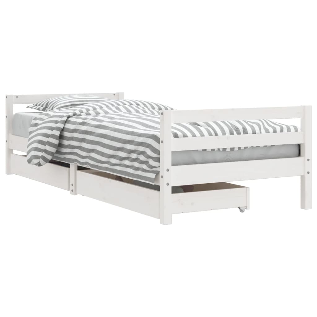White Solid Pine Kids Bed Frame with Drawers, 90x190 cm