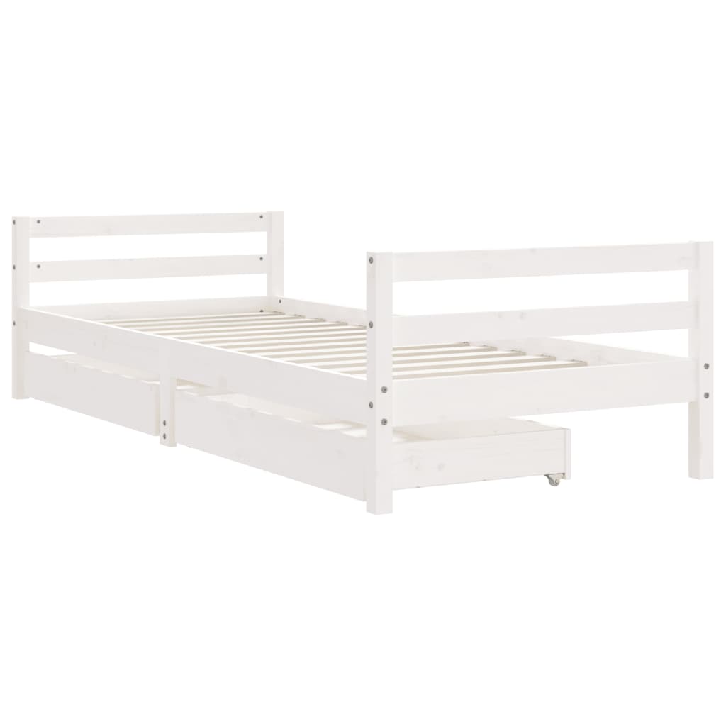 White Solid Pine Kids Bed Frame with Drawers, 90x190 cm