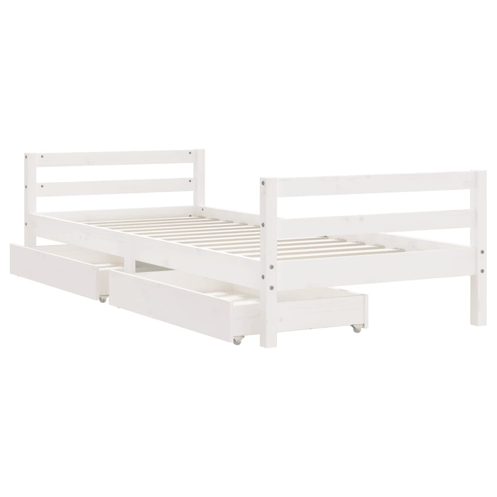 White Solid Pine Kids Bed Frame with Drawers, 90x190 cm