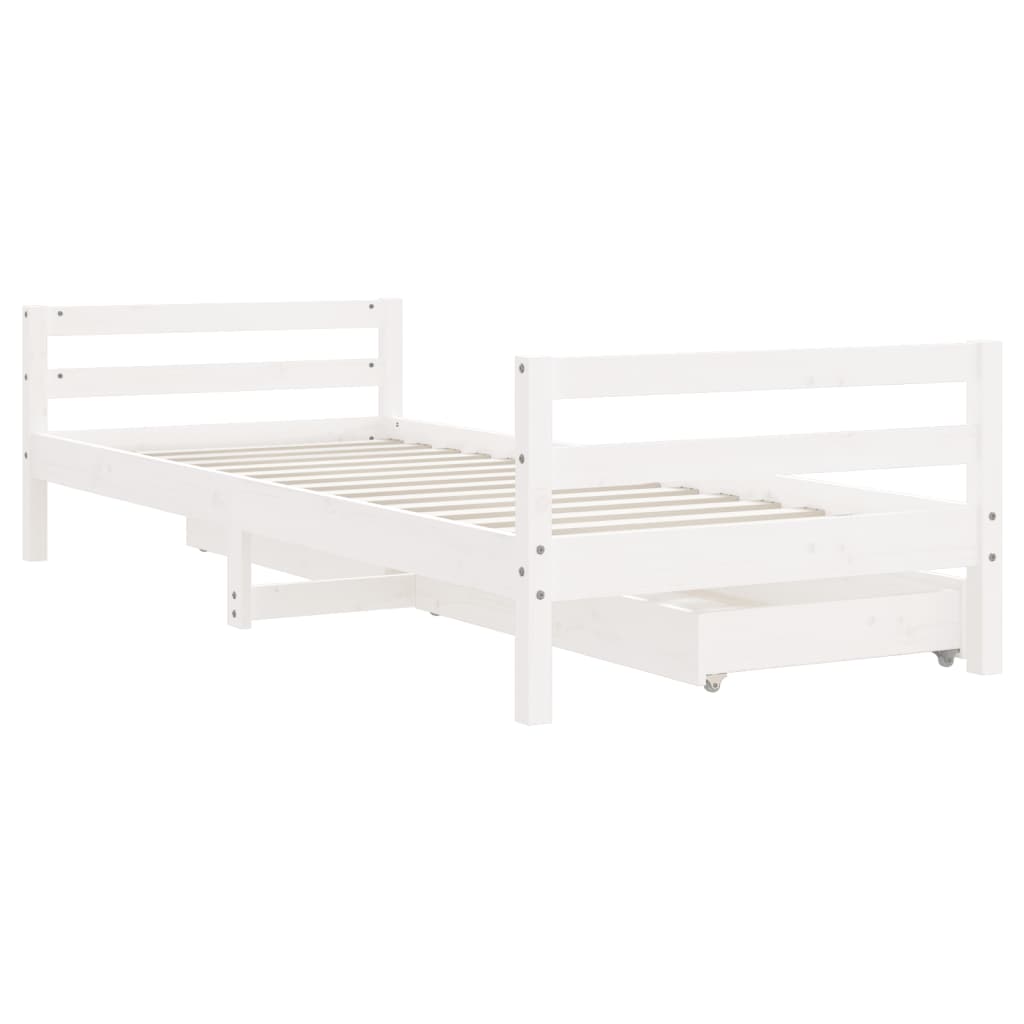 White Solid Pine Kids Bed Frame with Drawers, 90x190 cm