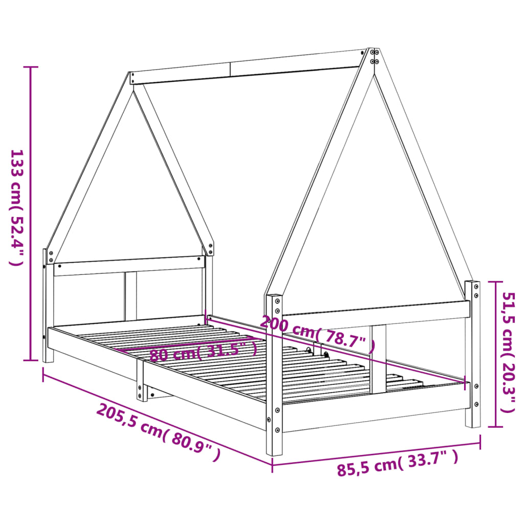 Solid Pine Kids Bed Frame - Black 80x200 cm