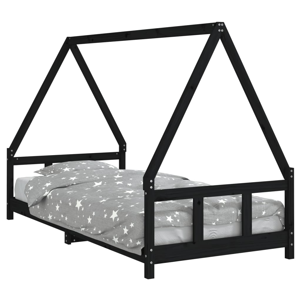 Solid Pine Kids Bed Frame - Black, 90x200 cm