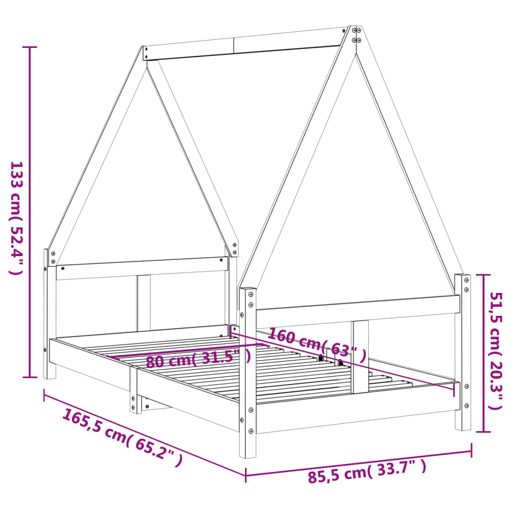 Black Solid Pine Kids Bed Frame 80x160 cm - Sturdy & Stylish