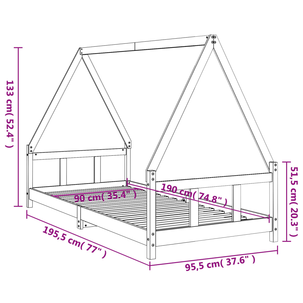Solid Wood Kids Bed Frame - White 90x190 cm Pine Finish