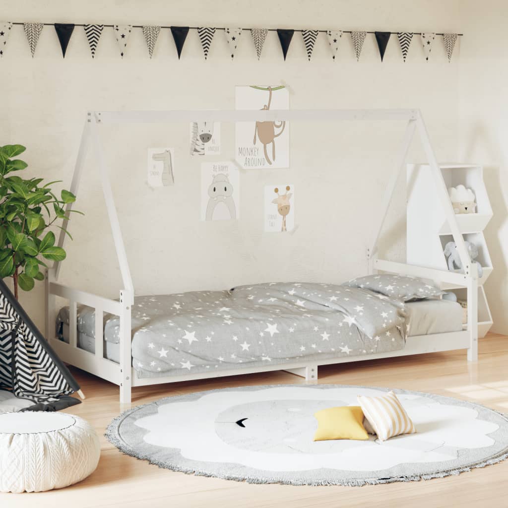 Solid Wood Kids Bed Frame - White 90x190 cm Pine Finish