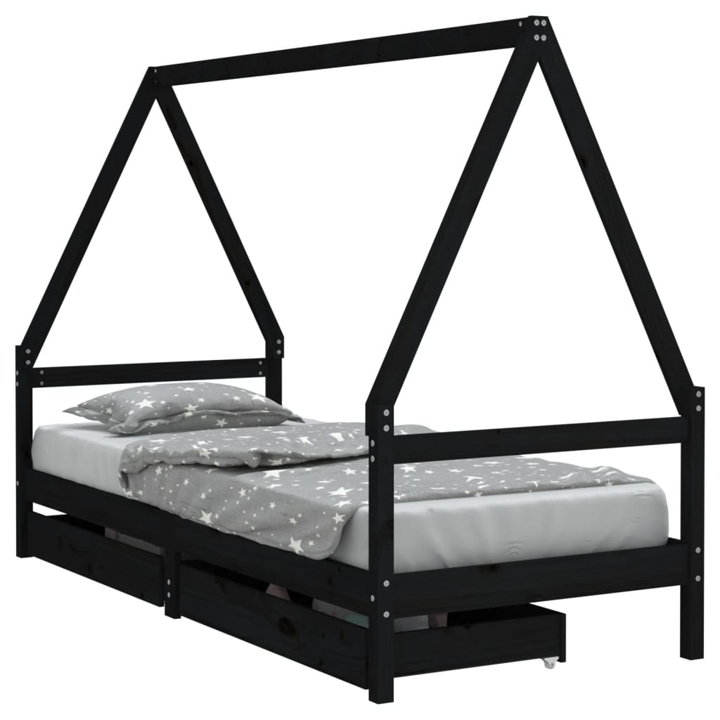Solid Pine Kids Bed Frame with Storage, Black 90x200 cm