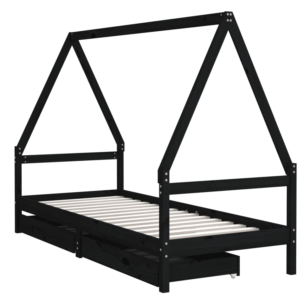 Solid Pine Kids Bed Frame with Storage, Black 90x200 cm