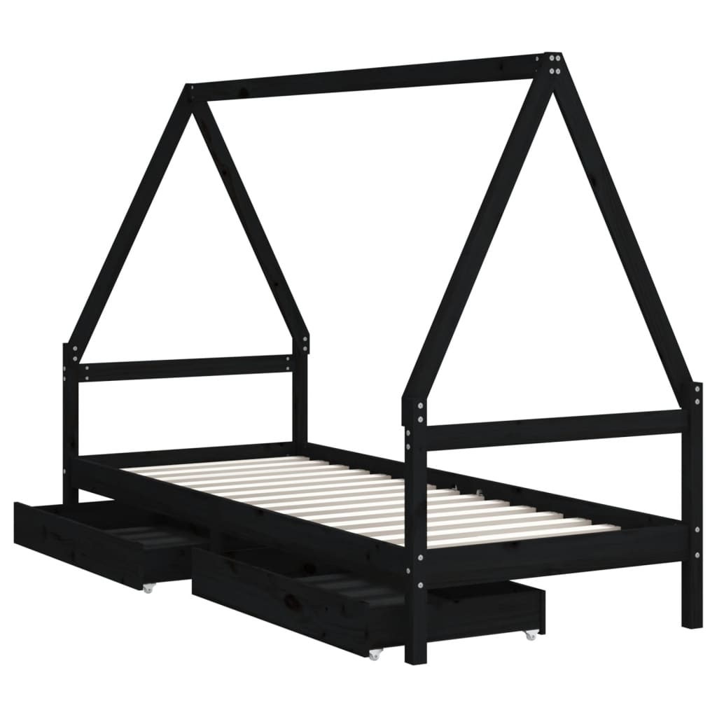 Solid Pine Kids Bed Frame with Storage, Black 90x200 cm