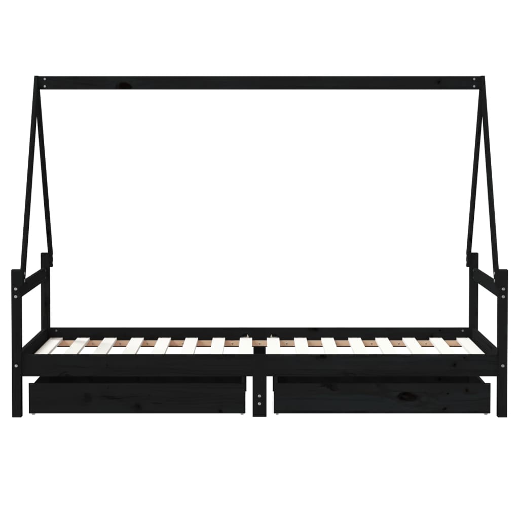 Solid Pine Kids Bed Frame with Storage, Black 90x200 cm