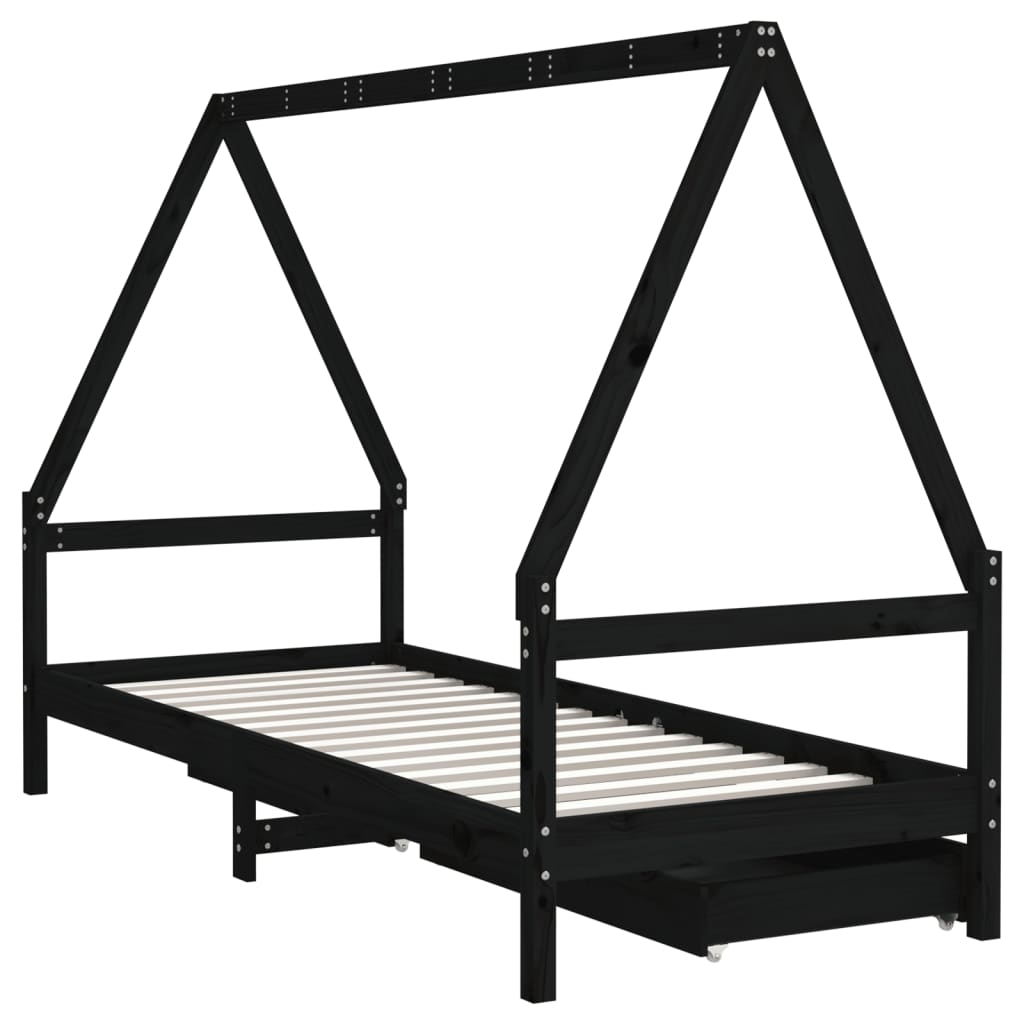 Solid Pine Kids Bed Frame with Storage, Black 90x200 cm