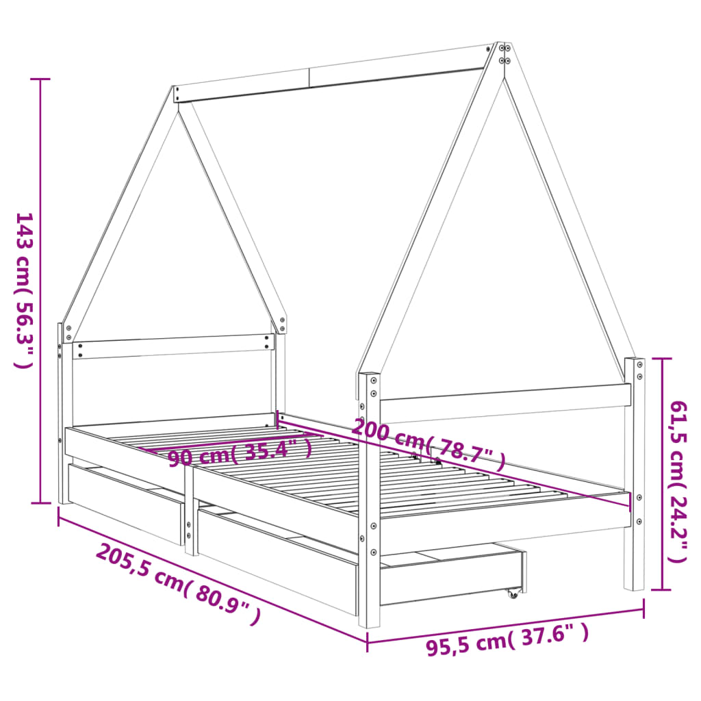 Solid Pine Kids Bed Frame with Storage, Black 90x200 cm