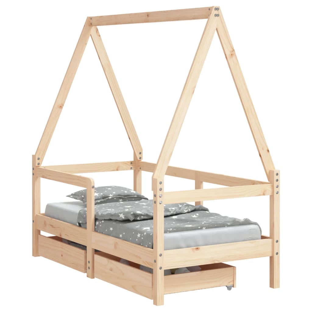 Solid Pine Kids Bed Frame with Drawers 70x140 cm - Natural Wood
