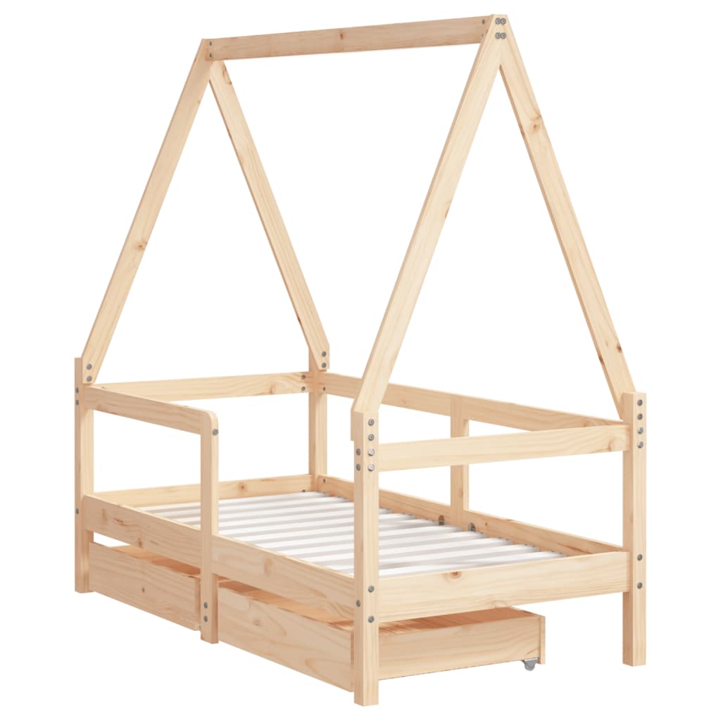 Solid Pine Kids Bed Frame with Drawers 70x140 cm - Natural Wood