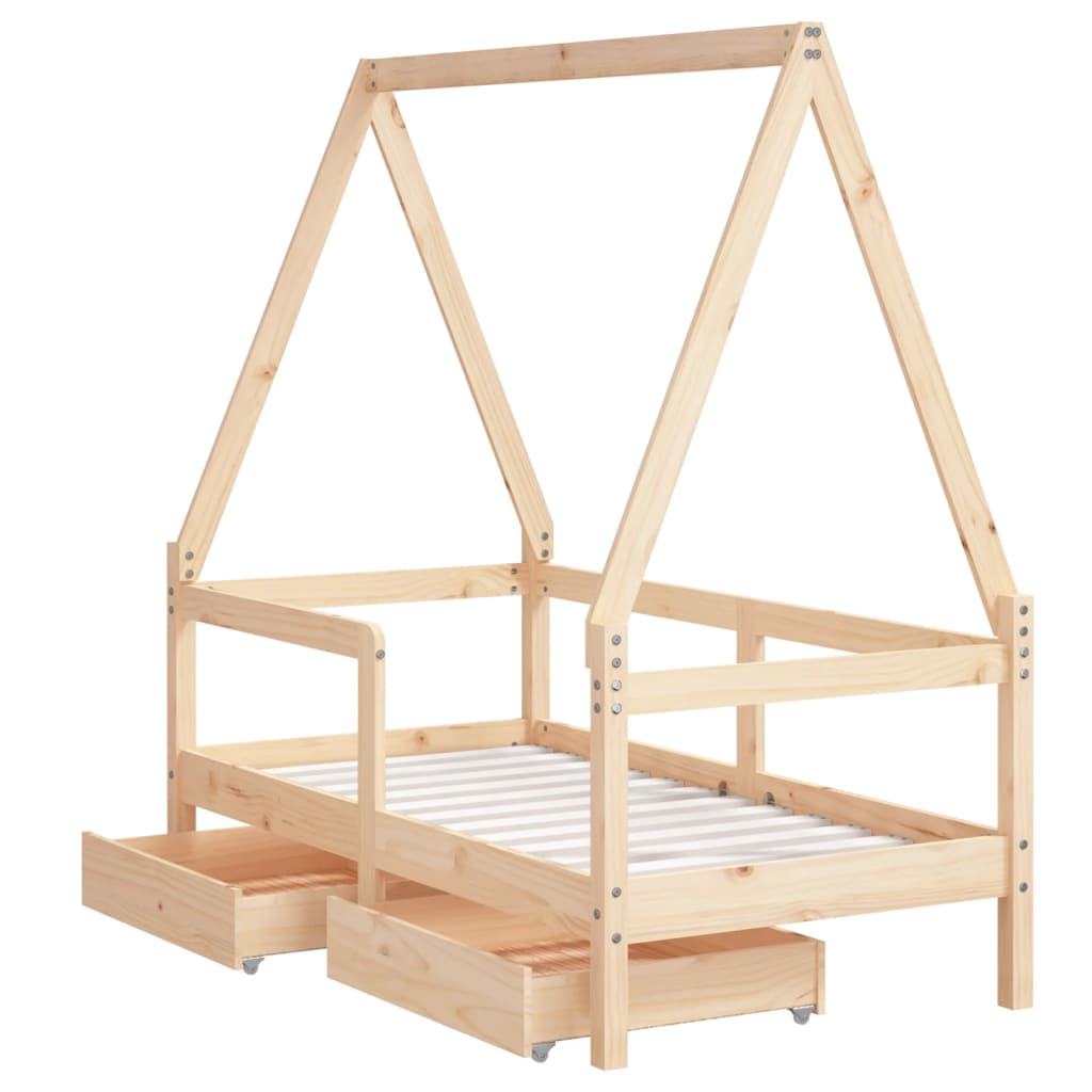 Solid Pine Kids Bed Frame with Drawers 70x140 cm - Natural Wood