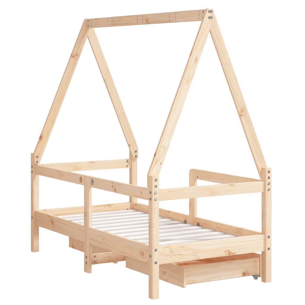 Solid Pine Kids Bed Frame with Drawers 70x140 cm - Natural Wood