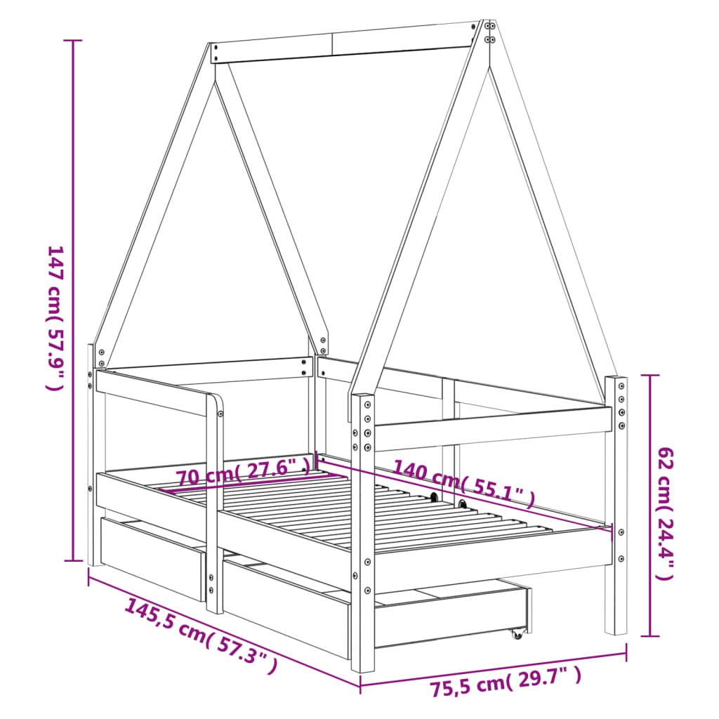 Solid Pine Kids Bed Frame with Drawers 70x140 cm - Natural Wood