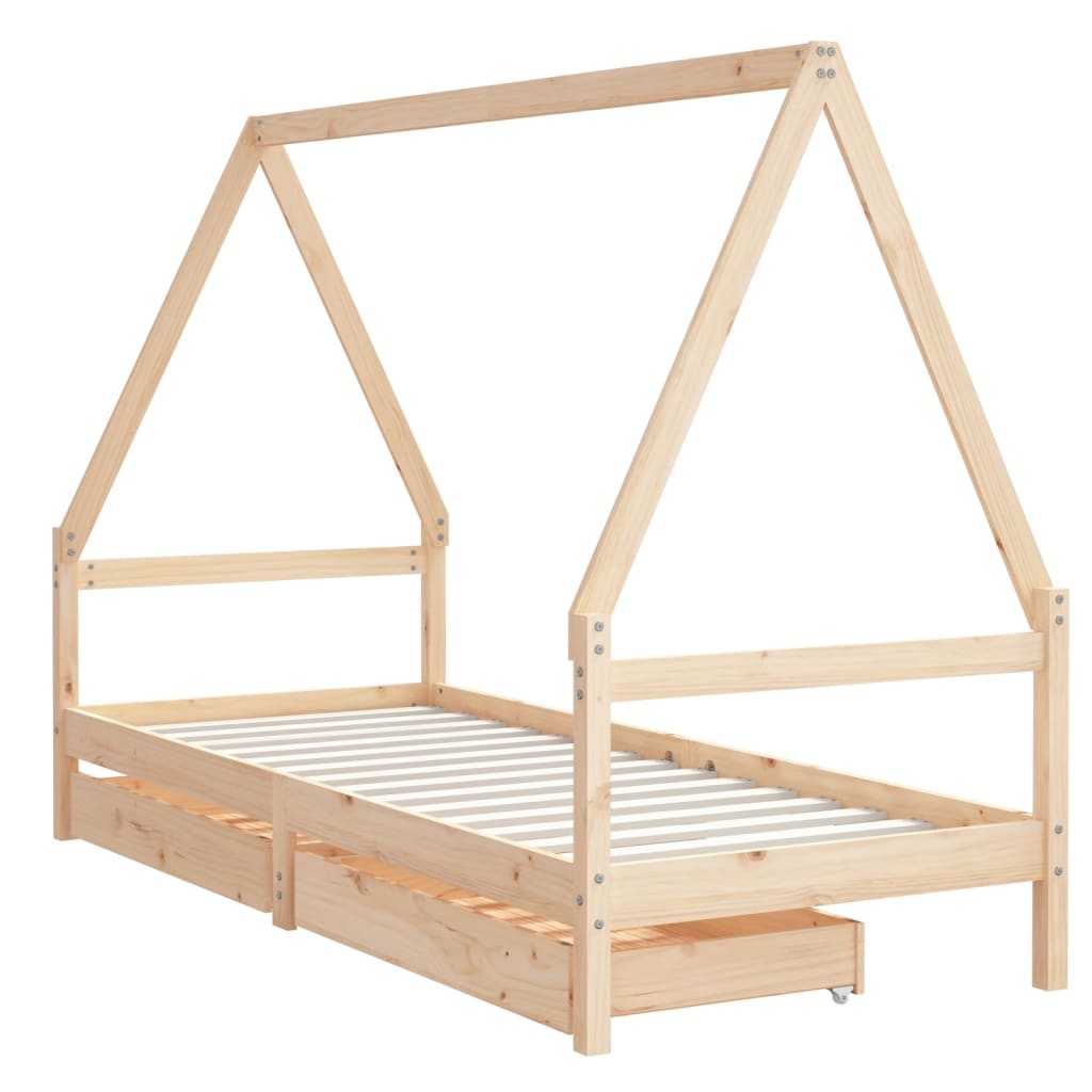 Solid Pine Kids Bed Frame with Drawers, 90x190 cm
