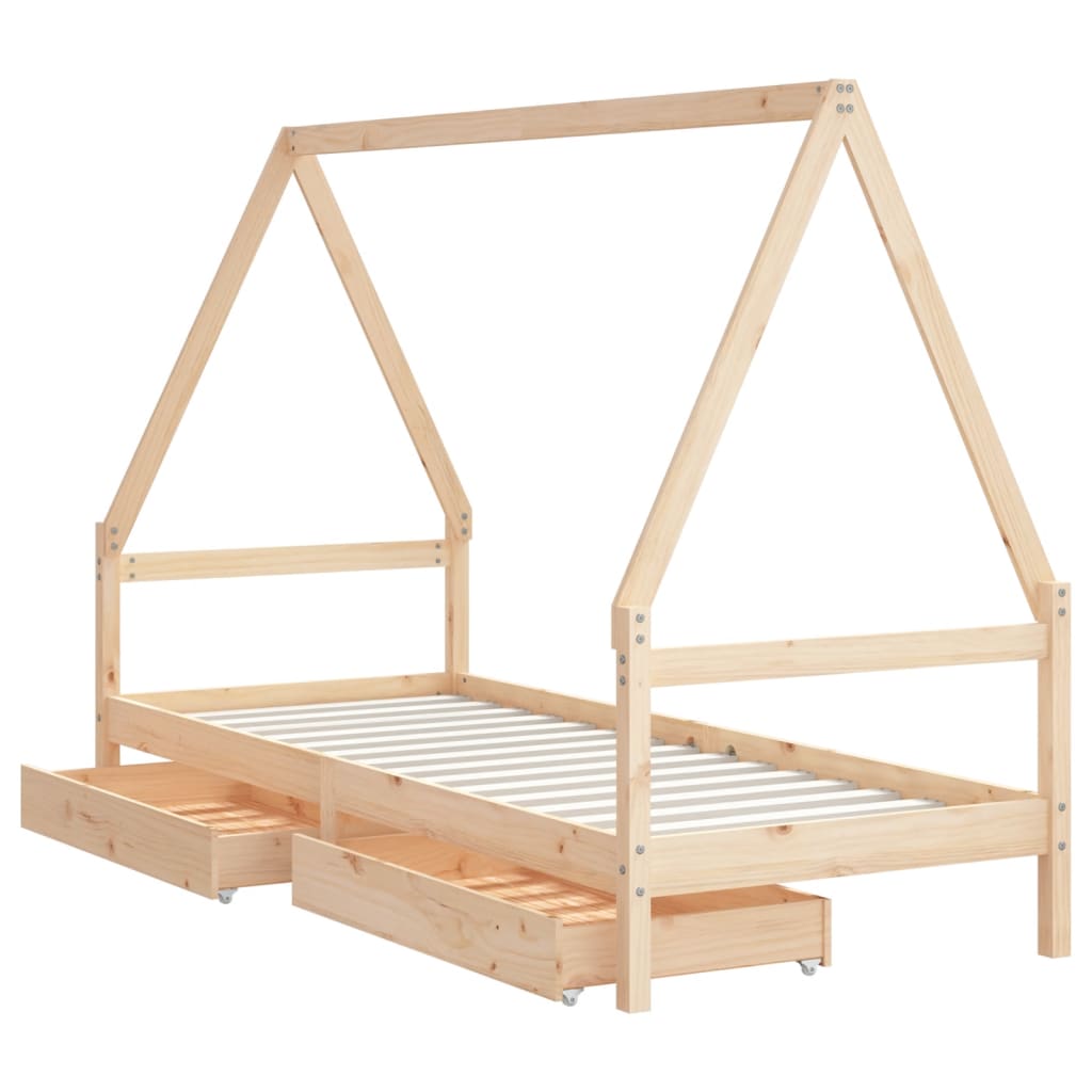 Solid Pine Kids Bed Frame with Drawers, 90x190 cm
