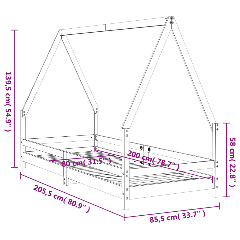 Solid Pine Kids Bed Frame in White, 80x200 cm