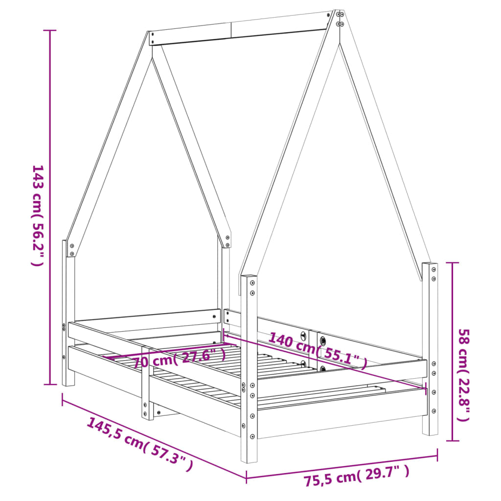 White Solid Pine Kids Bed Frame, 70x140 cm - Durable & Stylish