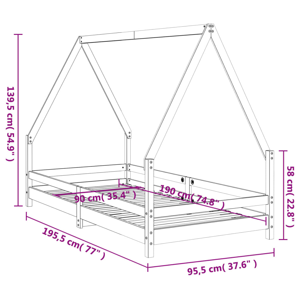 Solid Pine Kids Bed Frame - White 90x190 cm